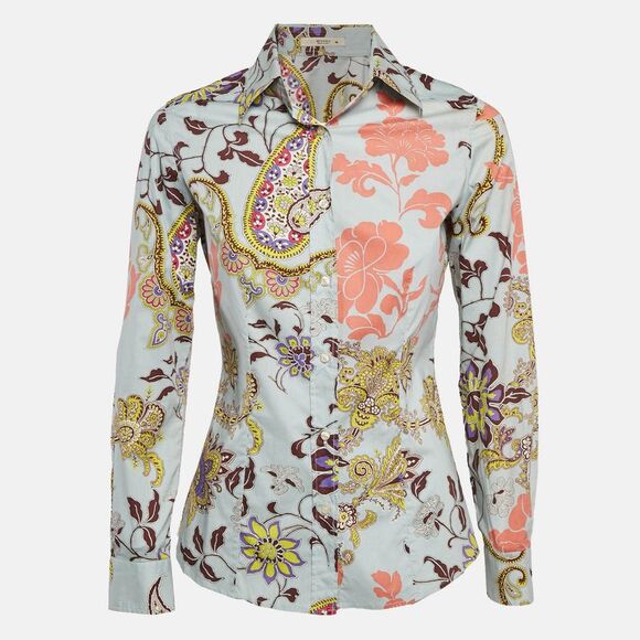 Etro Blue Floral Print Stretch Cotton Shirt S